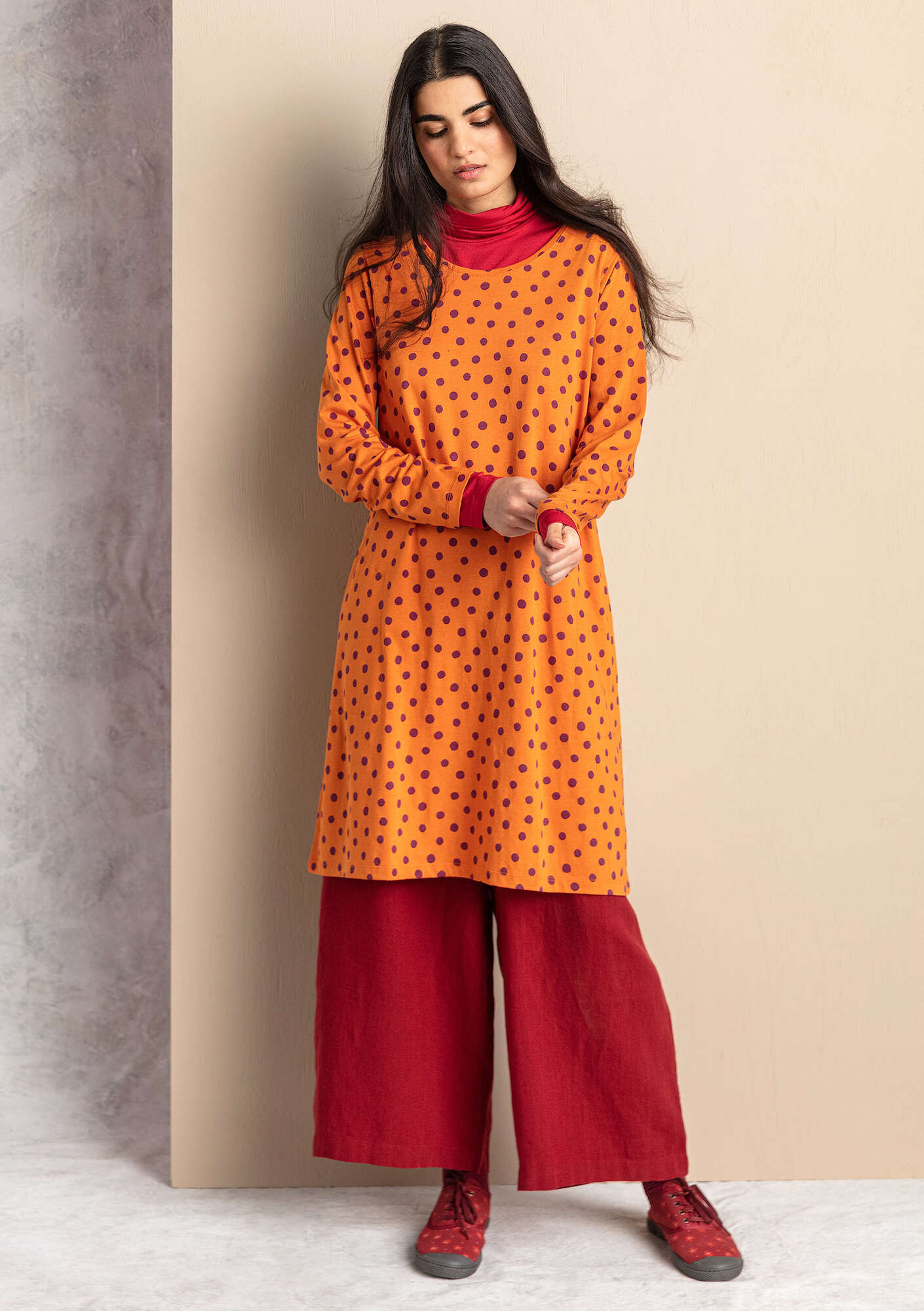“Juliet” jersey tunic in organic cotton/modal burnt orange/patterned