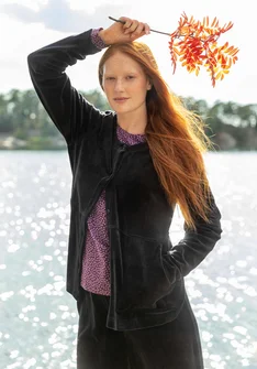 Solid-colour velour cardigan in organic cotton/recycled polyester - black