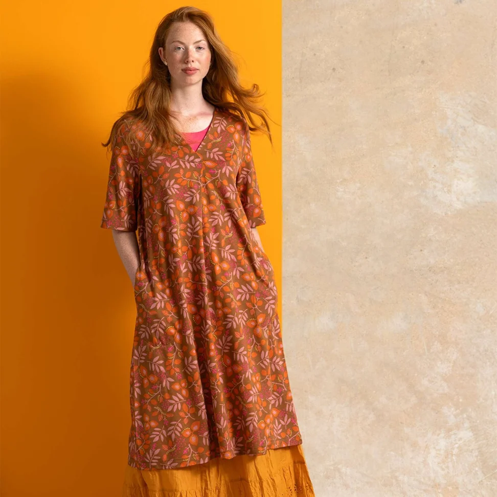 “Ophelia” organic cotton/modal jersey dress - acorn/patterned