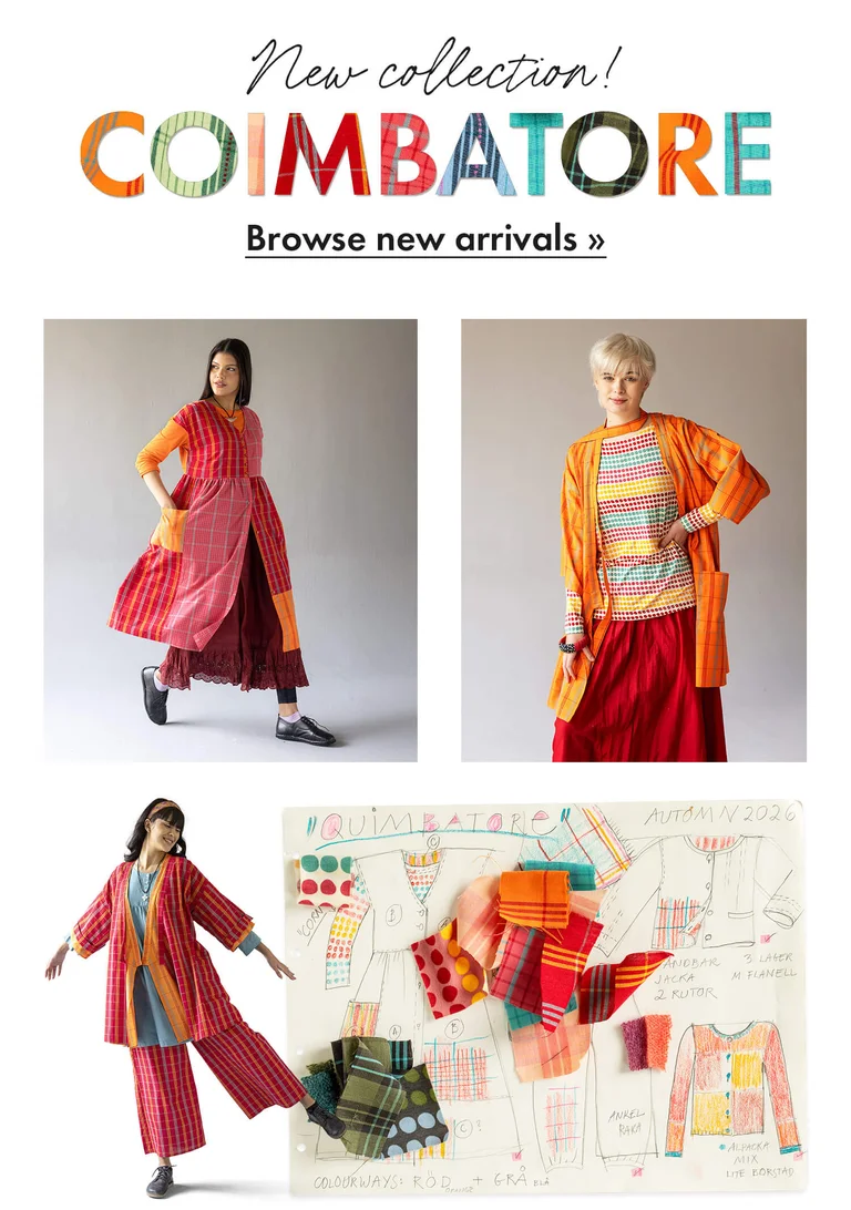 A collage of different sized pictures of women wearing colourful clothes from Gudrun Sjödén’s 2026 Autumn collection. The collage includes fabric snippets in different colours and a spread in Gudrun’s sketchpad.