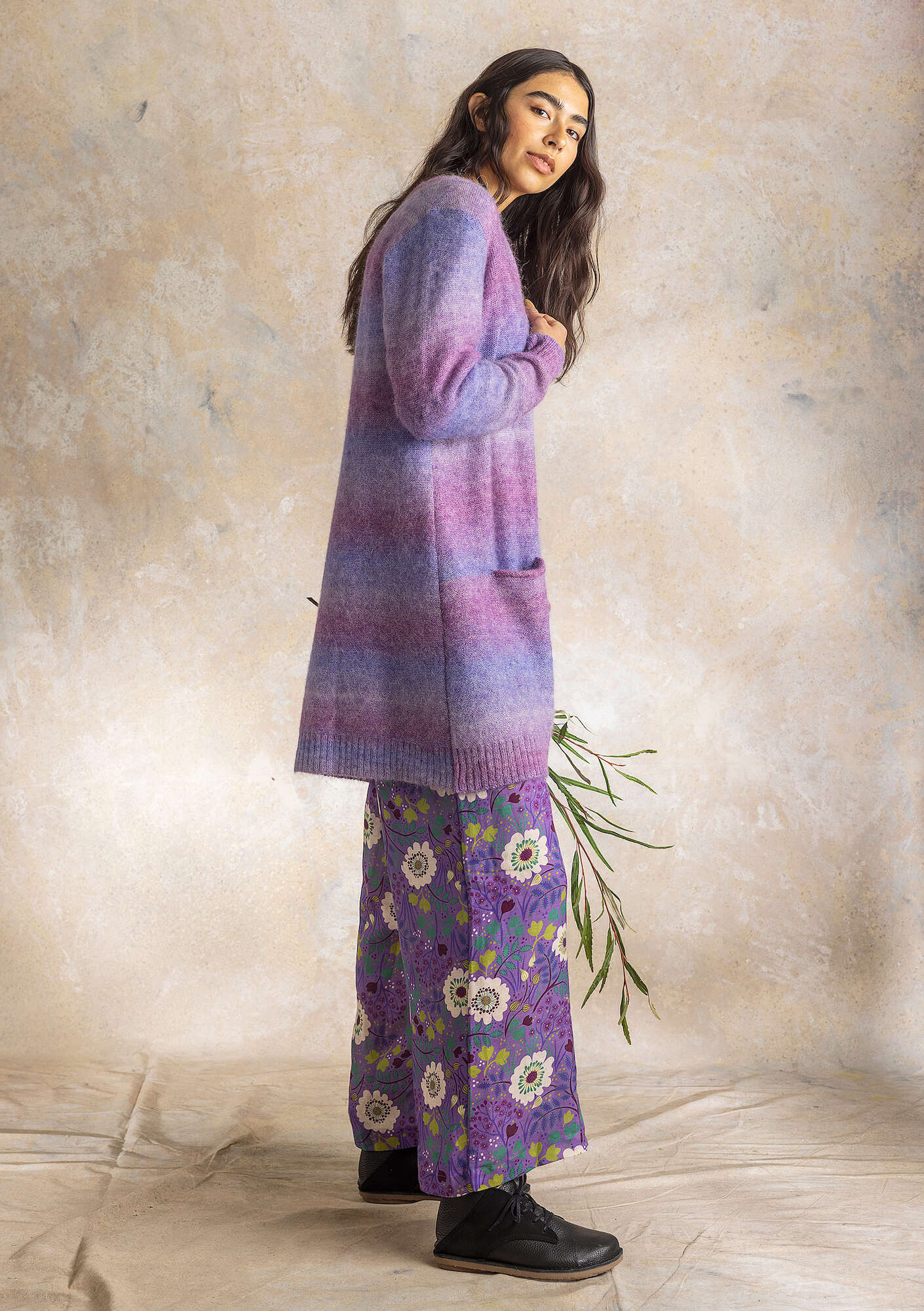  “Bello” long cardigan in alpaca/wool blend hyacinth