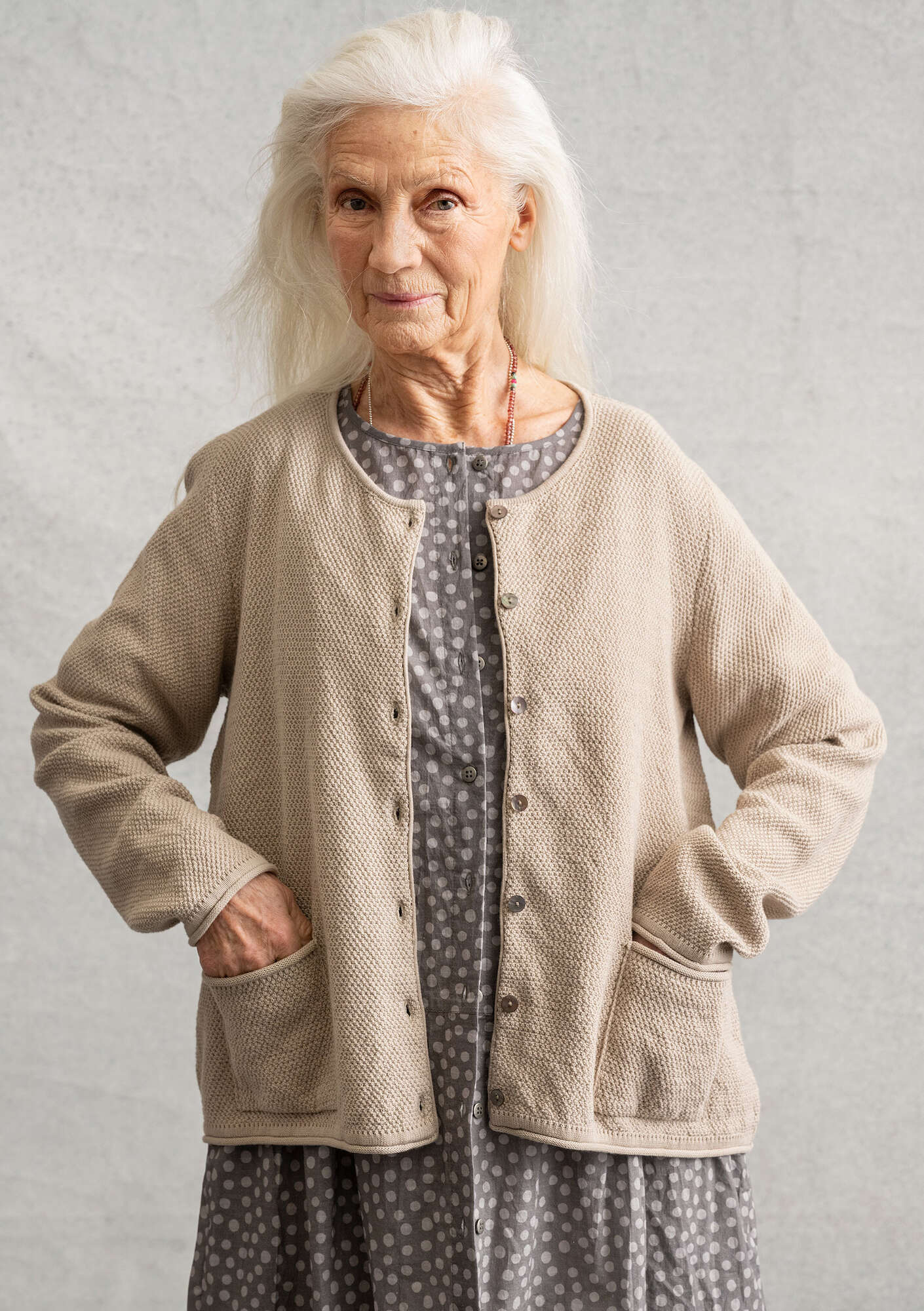 Moss-stitch cardigan in recycled cotton dark nature thumbnail