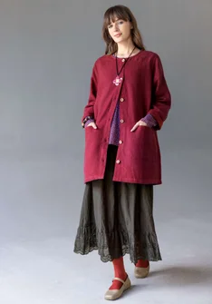 Longline, garment-washed woven linen jacket - dark agate red