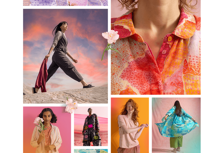 A woman wearing layers of grey clothes from Gudrun Sjödén. 