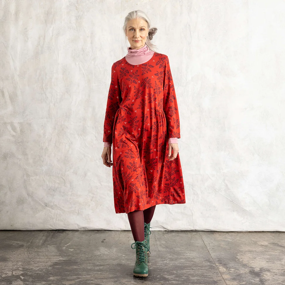 Tricot jurk "Judit" van biologisch katoen/modal - papegaairood/dessin