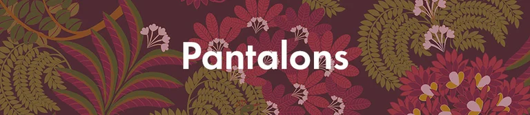 Un motif jaune-rouge avec le texte « Pantalons » en blanc. 