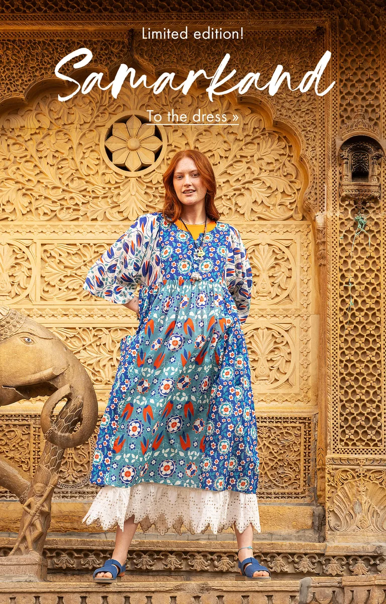 A collage of women wearing patterned dresses from Gudrun Sjödén.  