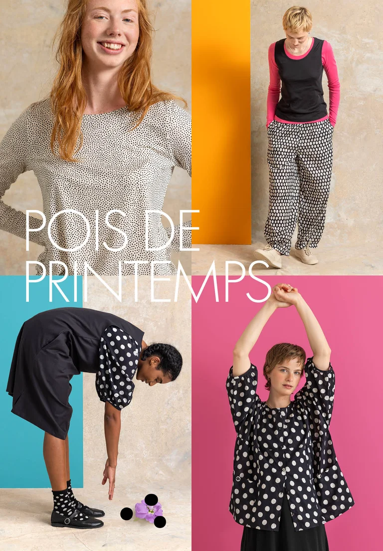 Un collage d'images avec des vêtements provenant de la collection de printemps 2026 de Gudrun Sjödén.  