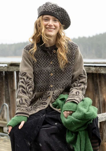 “Nova Scotia” lambswool long cardigan - black cassis/patterned