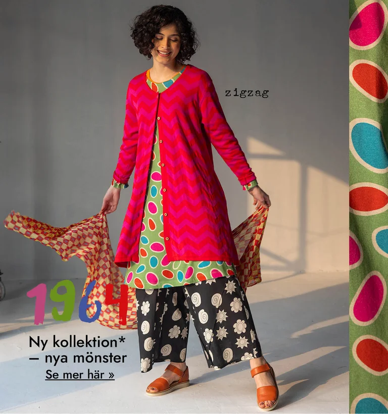 A collage of women wearing colourful patterned clothes from Gudrun Sjödén’s “1964” capsule collection.