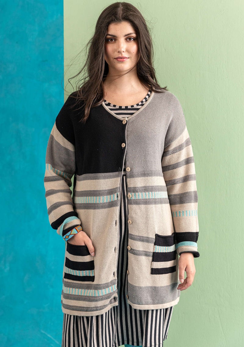 “Dagmar” cardigan in recycled and organic cotton dark natural/striped