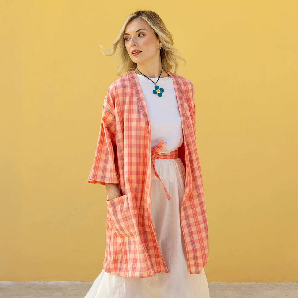 Kimono à carreaux "Coimbatore" en coton biologique - nymphéa