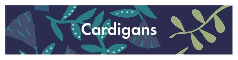 A blue pattern with the word “Cardigans” in white.