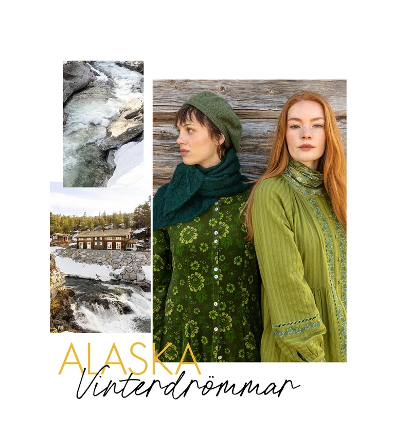 A collage showing a rapid and two women wearing clothes from Gudrun Sjödén’s 2025 Christmas collection.