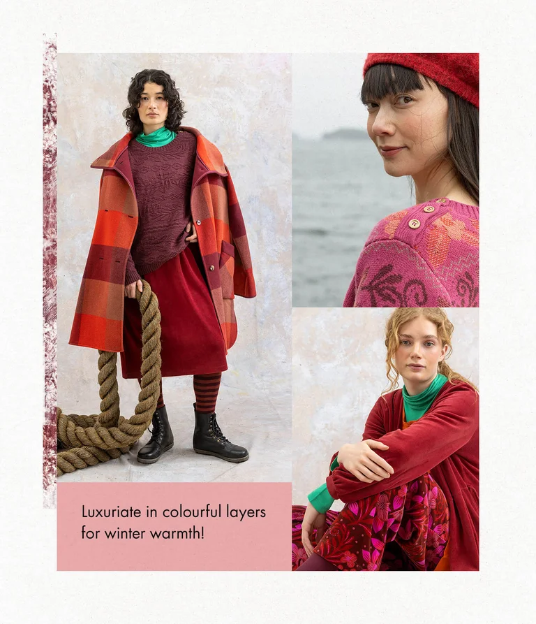 A collage of women wearing colorful clothing from Gudrun Sjödén’s winter collection. 