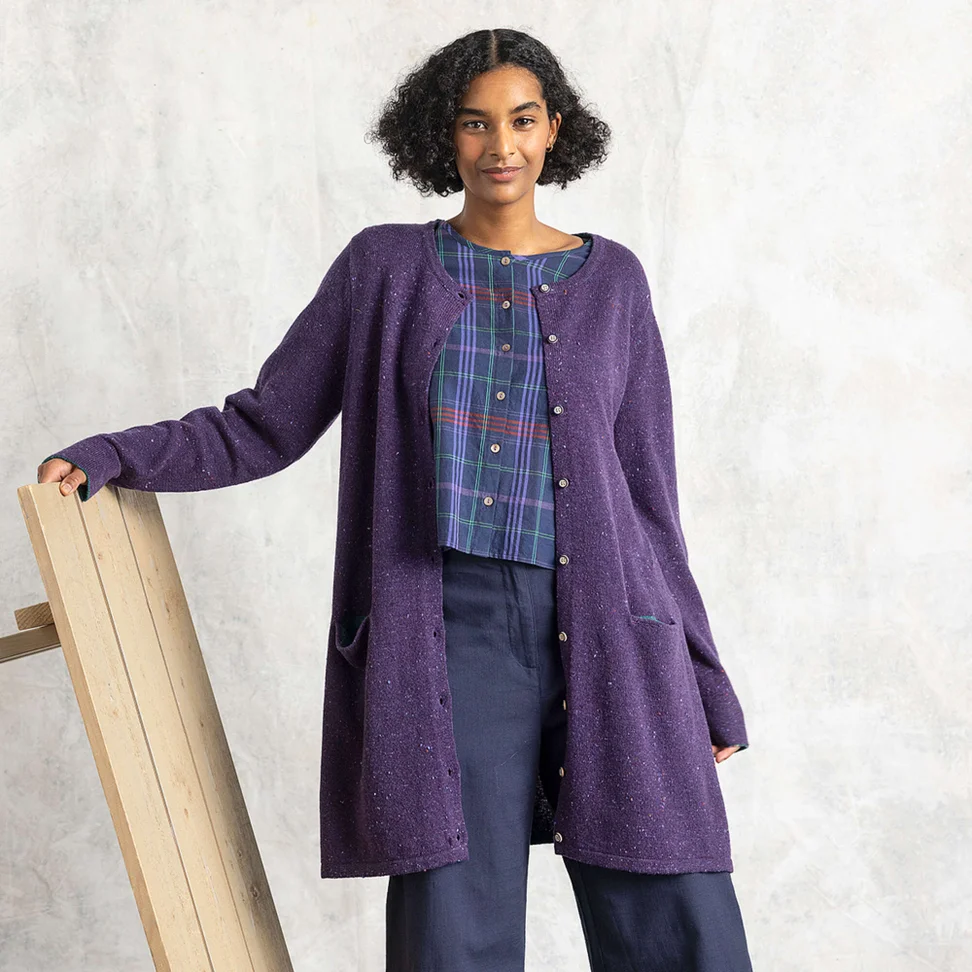 Long cardigan in lambswool blend - blackberry/melange