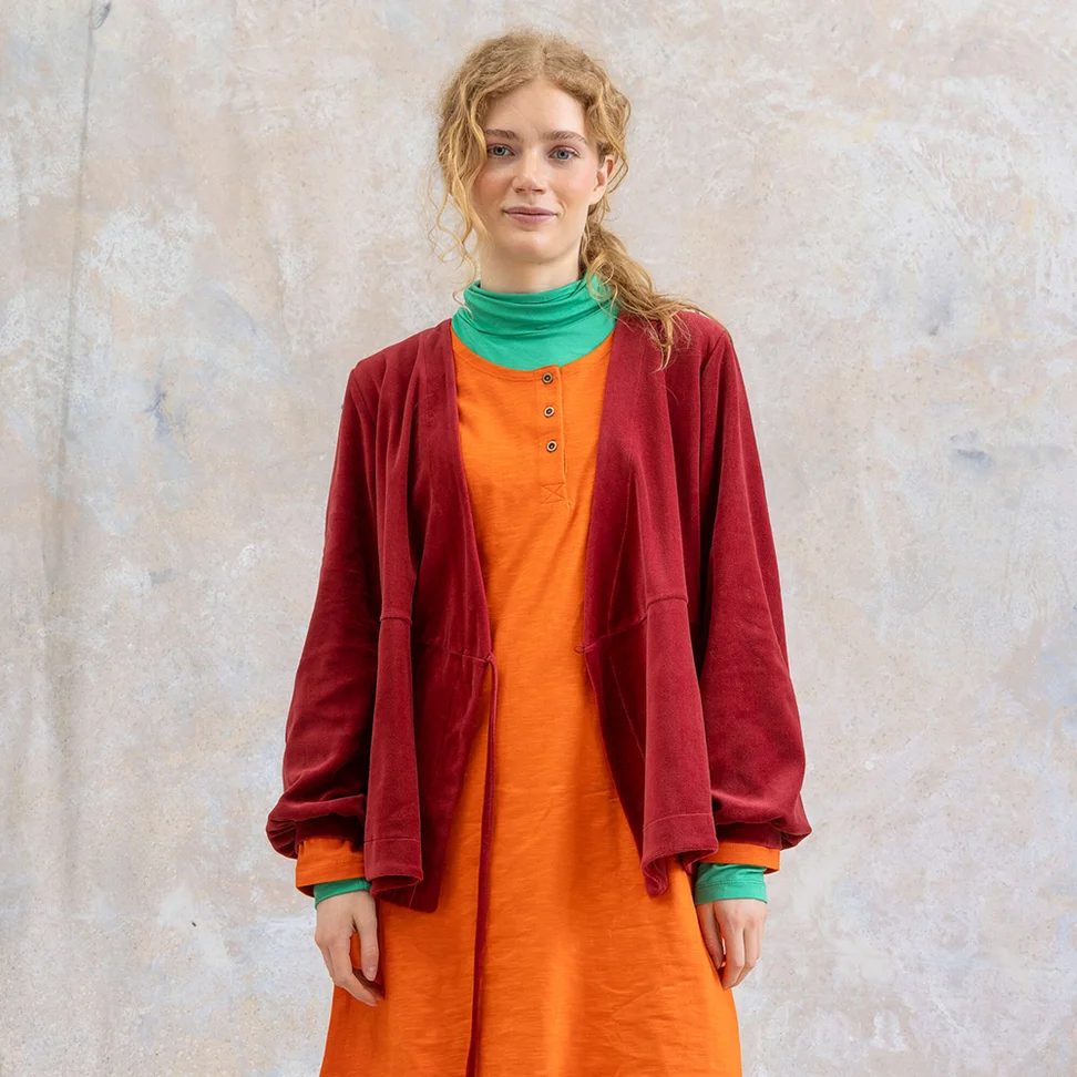 “Cornus” velour cardigan in organic cotton/recycled polyester - agate red
