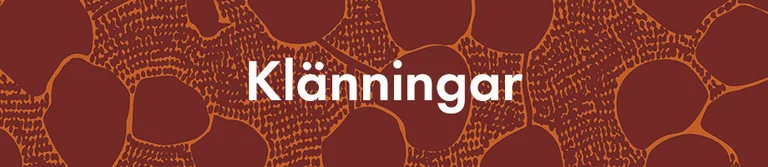 Ett mörkrött mönster med texten ”Klänningar” i vitt.
