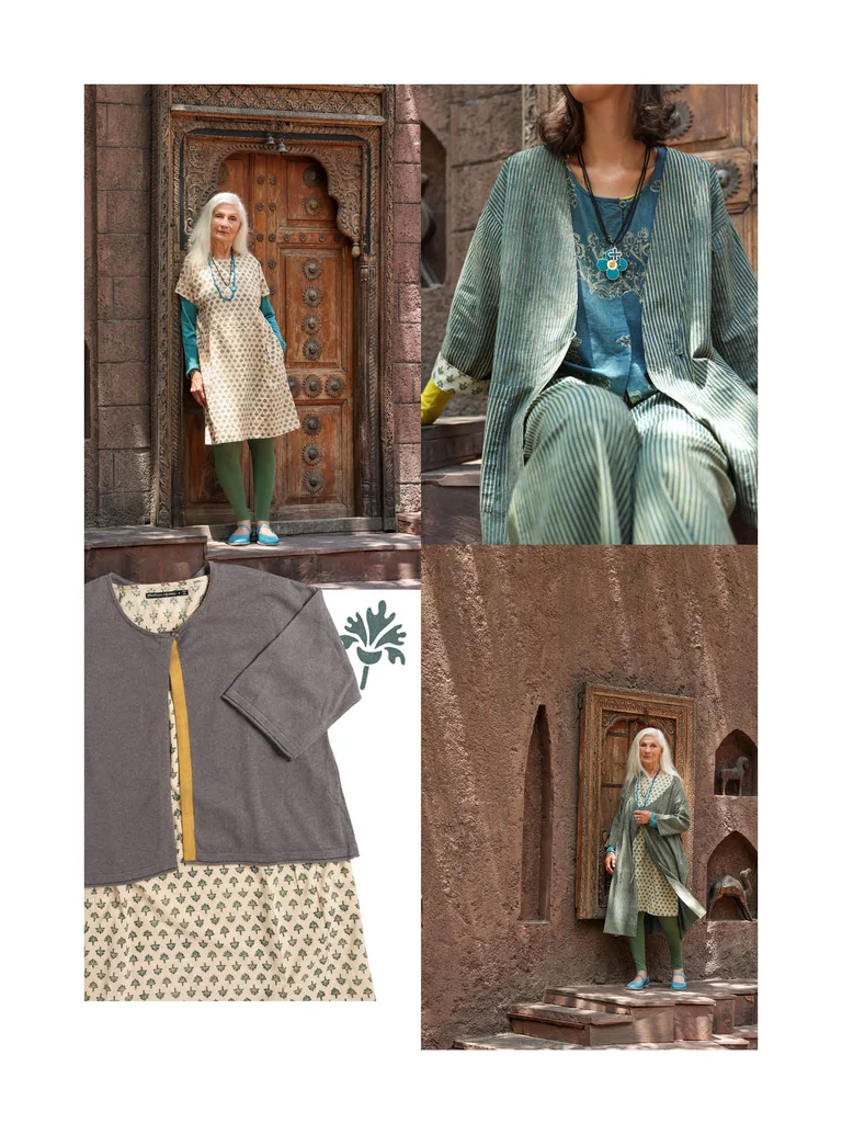 A collage of women wearing layers of patterned clothing from Gudrun Sjödén. 