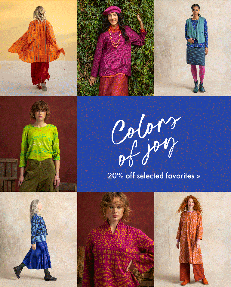 A collage of multiple images of women wearing colourful clothes from Gudrun Sjödén.