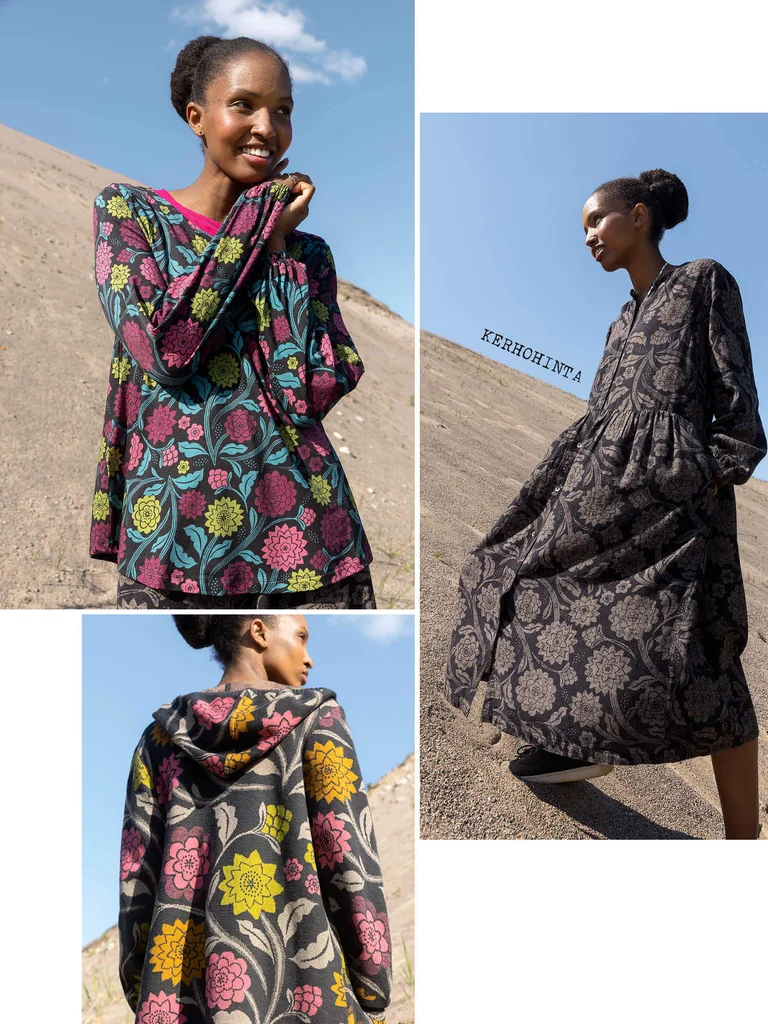 A collage of women wearing patterned clothing from Gudrun Sjödén.