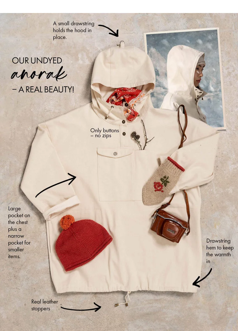 A picture with a white anorak. The picture also has several arrows and text for different details on the jacket.