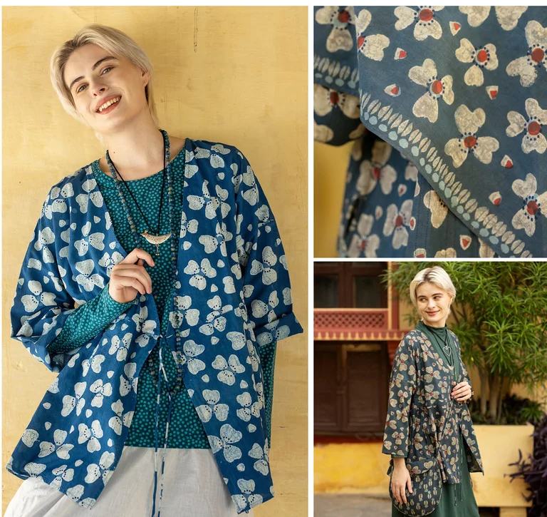 Un collage avec des femmes portant des vêtements en tons bleus imprimés au bloc signés Gudrun Sjödén. Le collage intègre également des zooms sur un sac assorti et un tissu à motif.