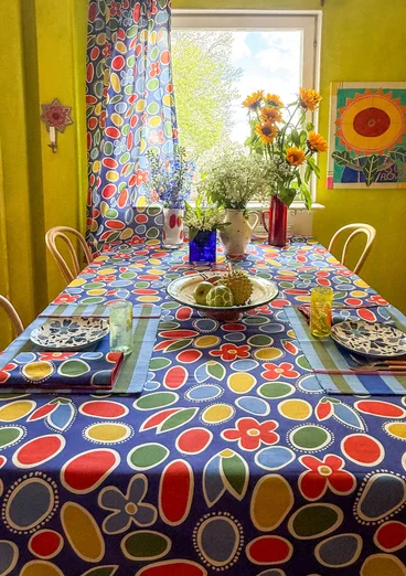 “Sol” patterned organic cotton tablecloth - cobalt blue