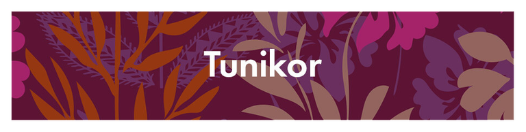 Ett lila mönster med texten ”Tunikor” i vitt.