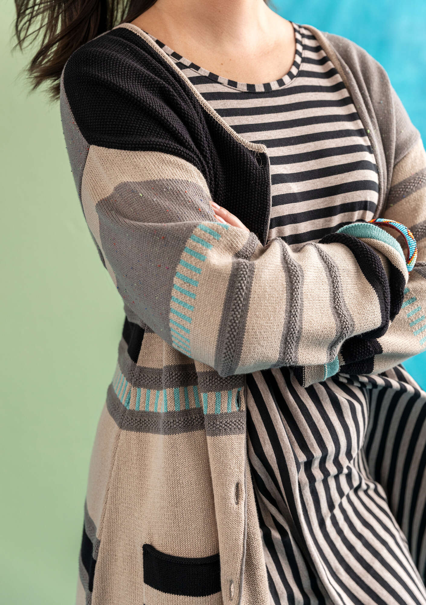 “Dagmar” cardigan in recycled and organic cotton dark natural/striped thumbnail