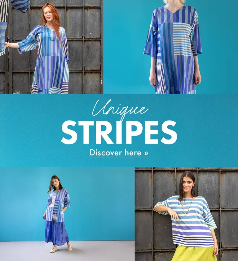 A collage of women wearing striped clothes in shades of blue from Gudrun Sjödén’s Spring Extra collection mixed with close-ups of the striped fabric.