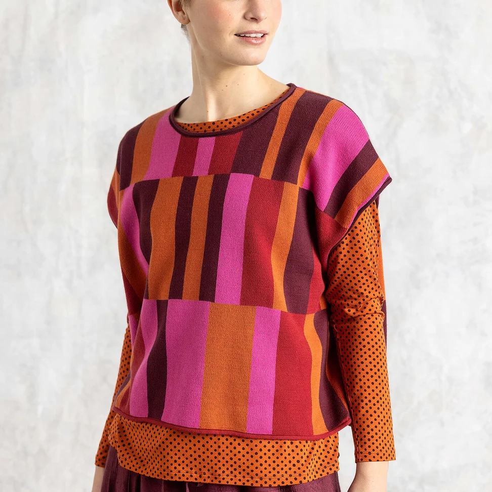 Neuleliivi "Rut" ekologista/kierrätettyä puuvillaa - puolukka/ruutu