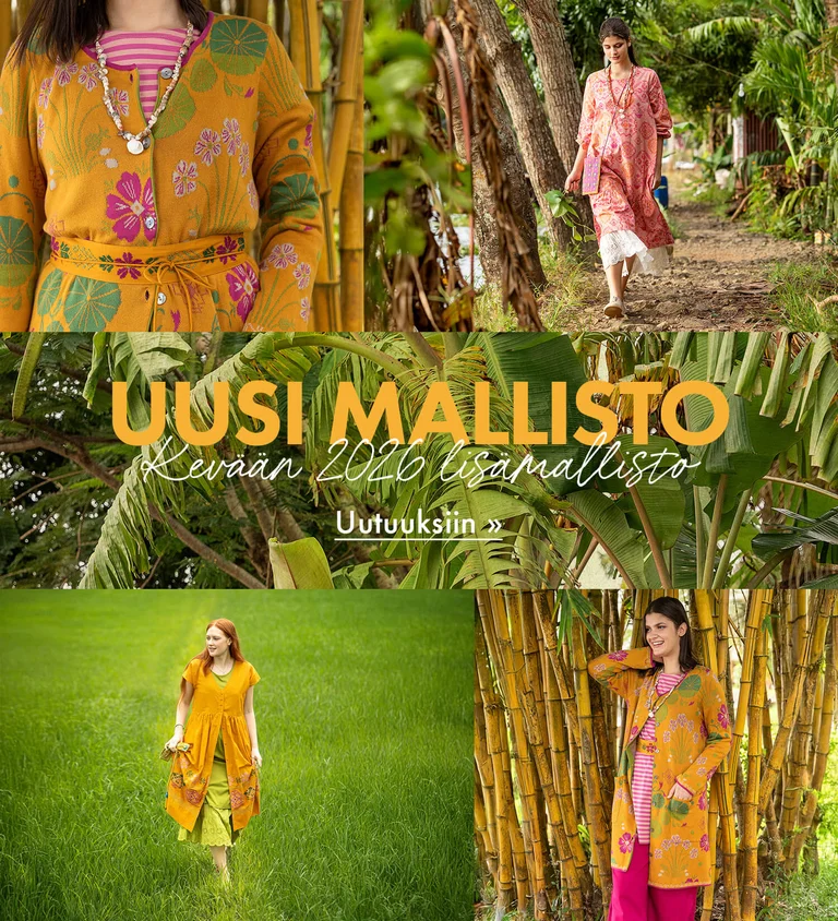 Kollaasi, jossa Gudrun Sjödénin kevään 2026 lisämalliston keltaisiin kuviollisiin vaatteisiin pukeutuneita naisia. Kollaasissa on myös lähikuvia palmunlehdistä ja kirjailtu kuvio. 