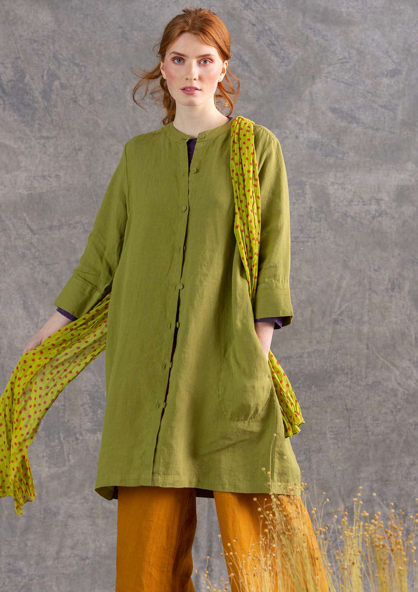 “Mirabelle” woven linen dress asparagus thumbnail