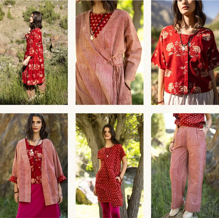 A collage with six different images of a woman wearing different clothes in red from Gudrun Sjödén’s “Natural Dyes” collection.