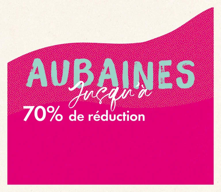 Fond graphique rose et beige le mot AUBAINES.