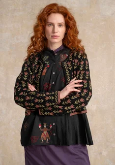 Geblümte Strickjacke „Tulipan“ aus Lammwollmischung/Bio-Baumwolle - schwarz