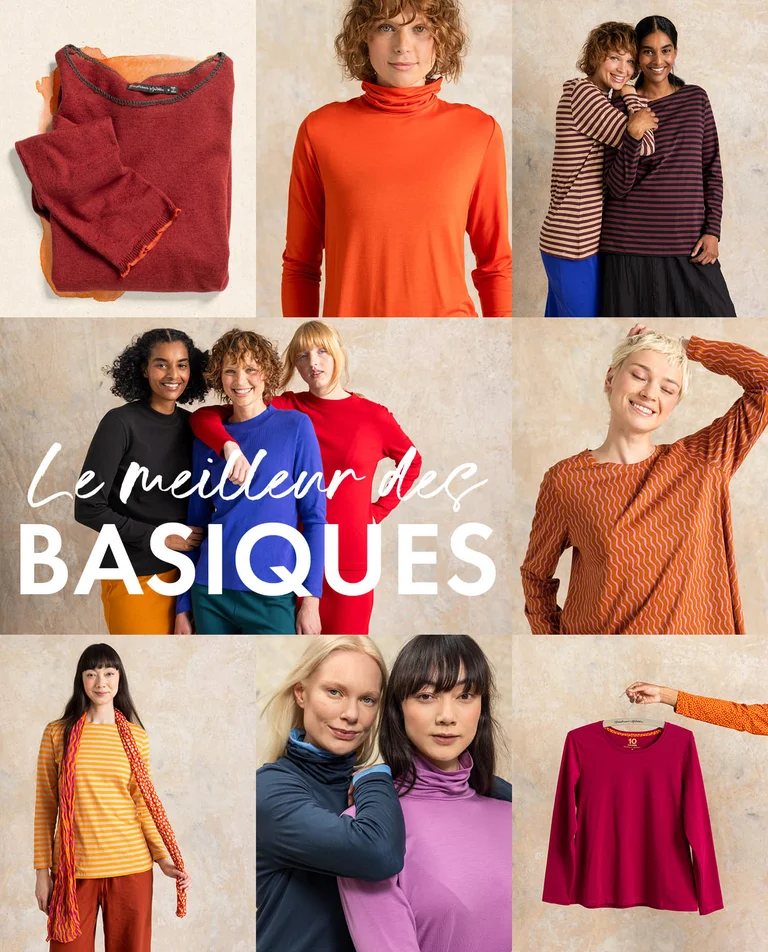 A collage of women wearing jersey tops and knitted sweaters from Gudrun Sjödén in multiple colours – striped, dotted, patterned and plain.
