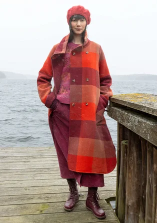 “Alberta” recycled wool/recycled polyester long coat - rooibos/patterned