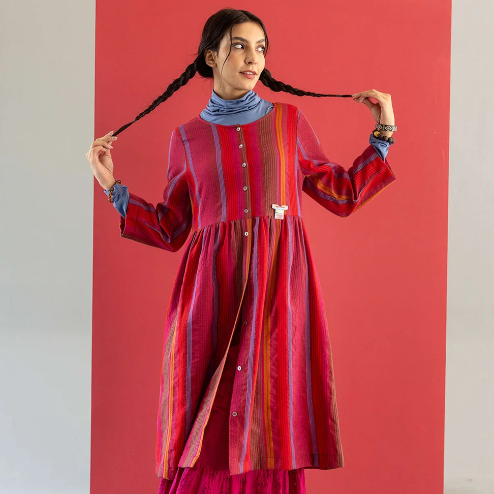 Vævet kjole "Ketchi" i uld/bomuld - granatæble