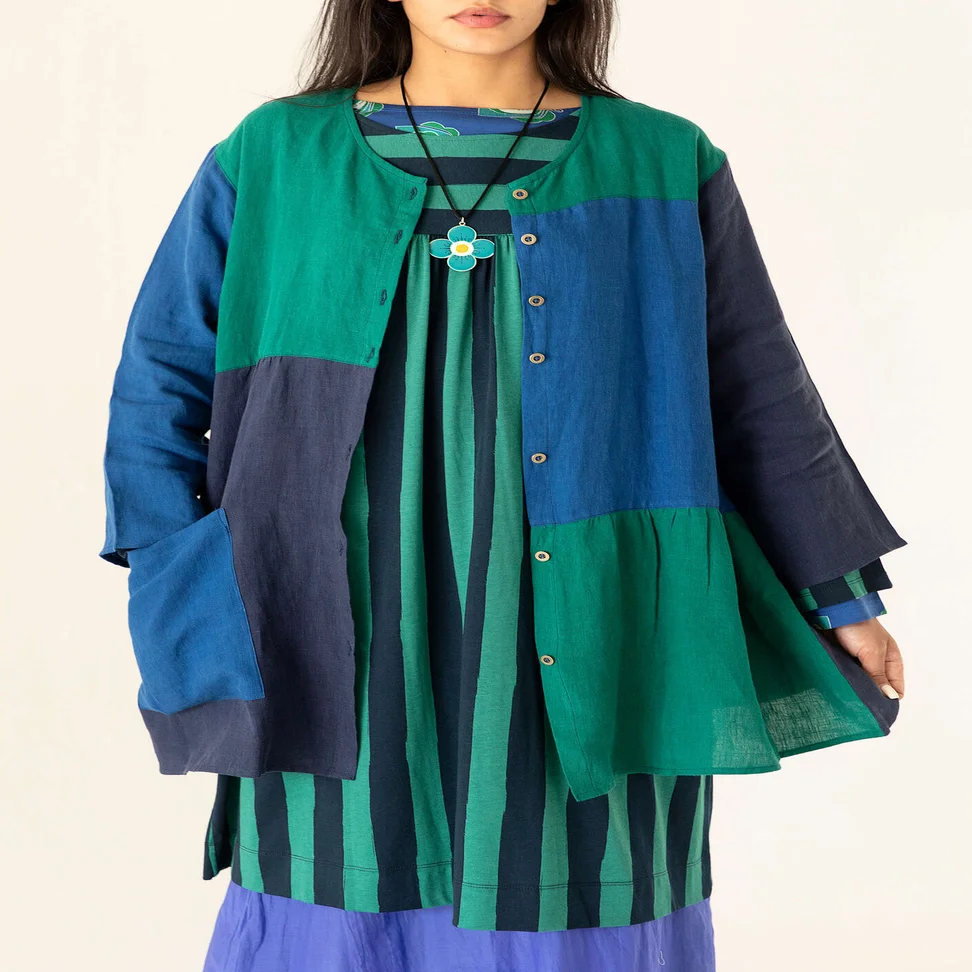 “Azores” artist’s blouse in linen - dark indigo/multicoloured