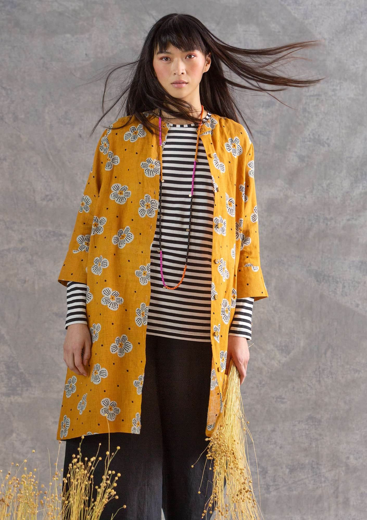 “Mirabelle” woven linen dress mustard/patterned thumbnail