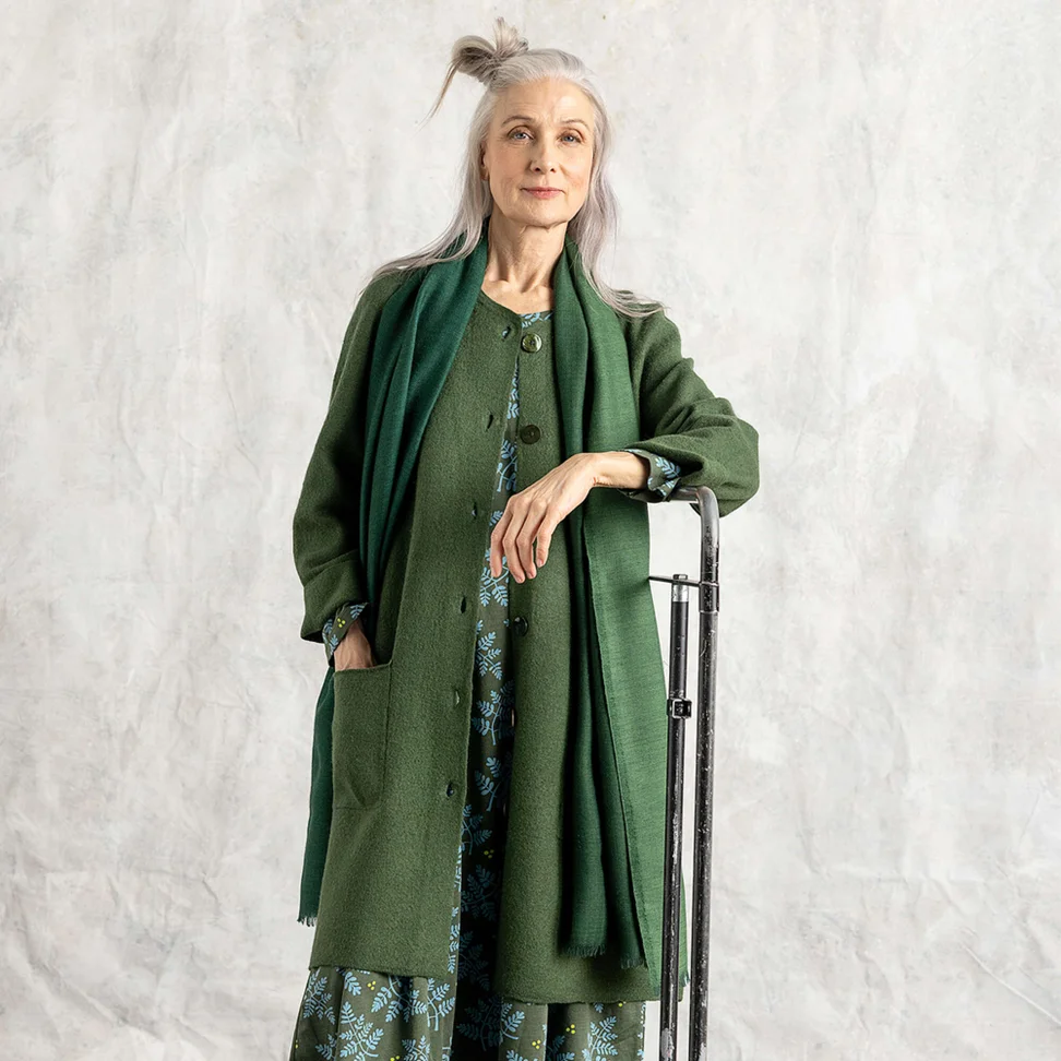 Long cardigan in felted organic wool - forest green/melange