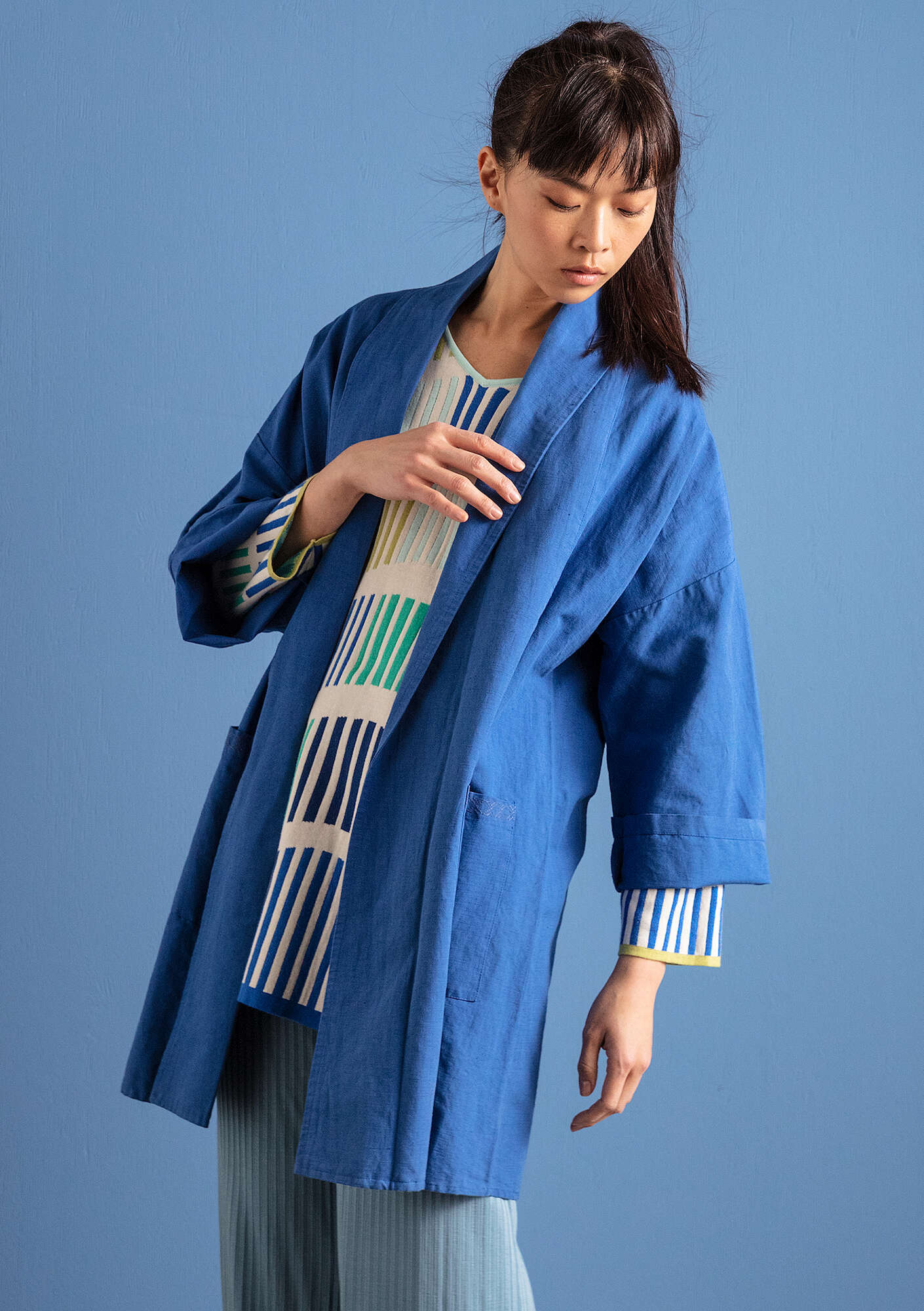 Kimono jacket in organic cotton/linen flax blue
