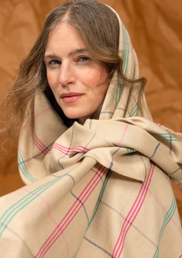“Kari” woven cotton/wool scarf with a check pattern - dark natural