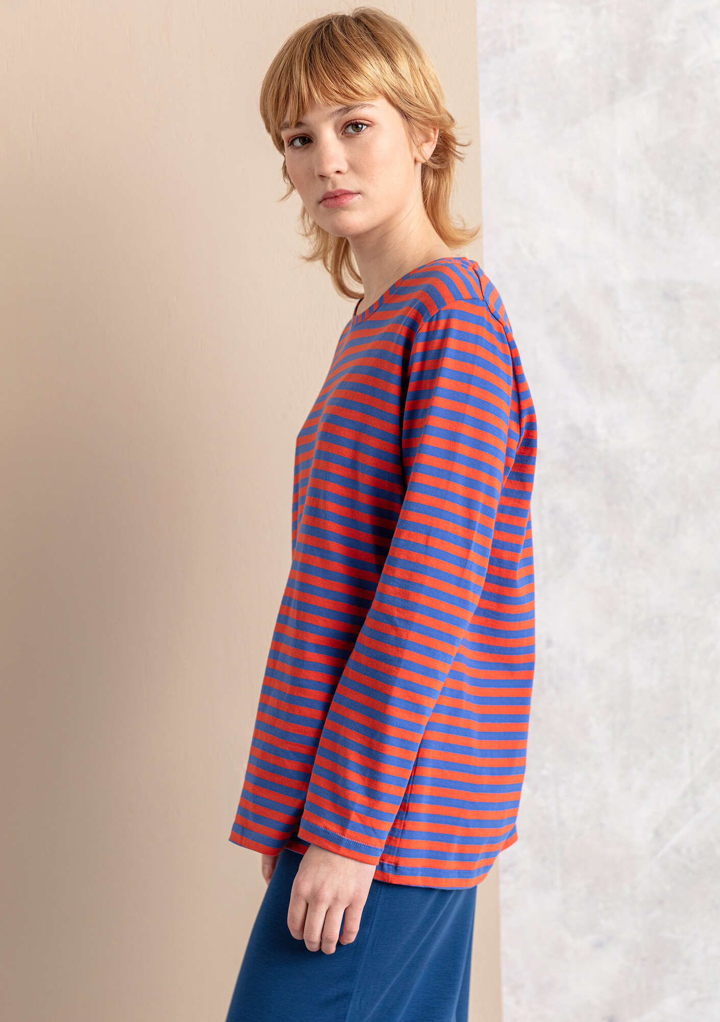 Organic cotton essential striped sweater sky blue/chilli