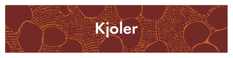 Et mørkerødt mønster med teksten «Kjoler» i hvitt. 