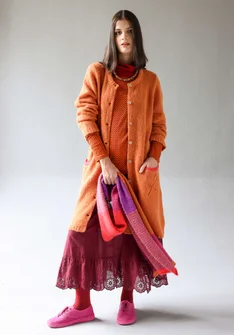 Long gilet "Tulipe" en alpaga mélangé - orange brûlée