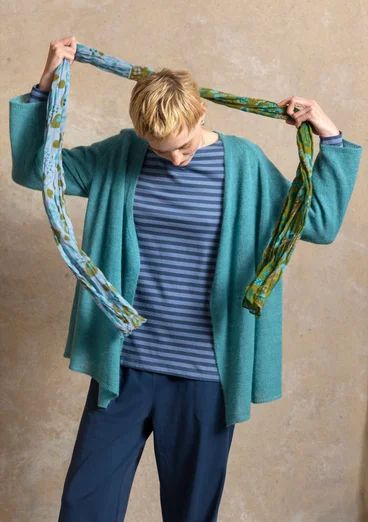 Cardigan i uld/bomuld/alpaka - teal/meleret