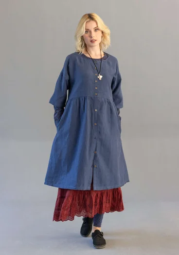 Gestreiftes oder einfarbiges Knopfleistenkleid „Sylvi“ aus Leinen - indigoblau